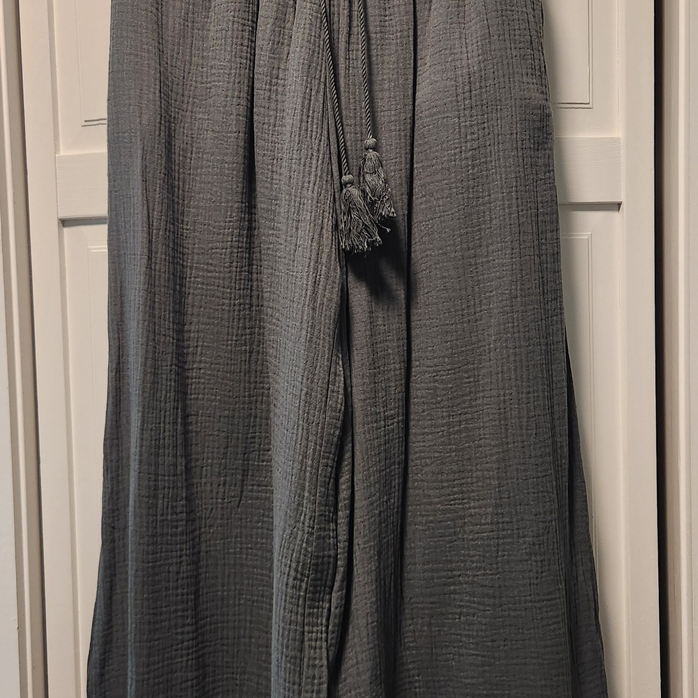 Cider Wide-Leg Sage Green Cotton Gauze Pants with Tassel Tie